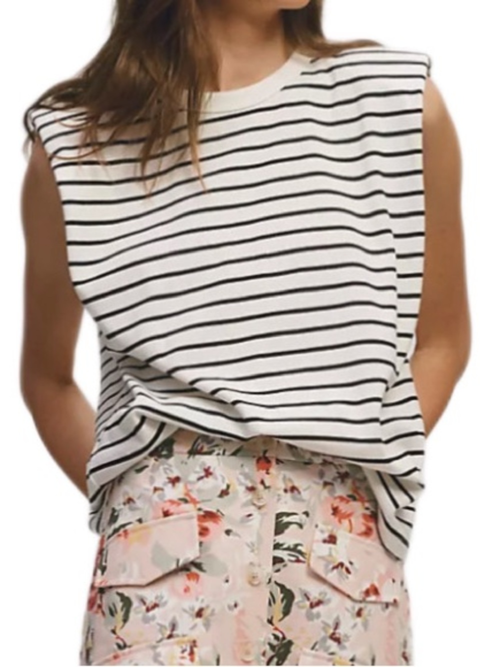 Maeve Boxy Oversized Black & White Striped Muscle T-Shirt w Shoulder Pads Sz XS